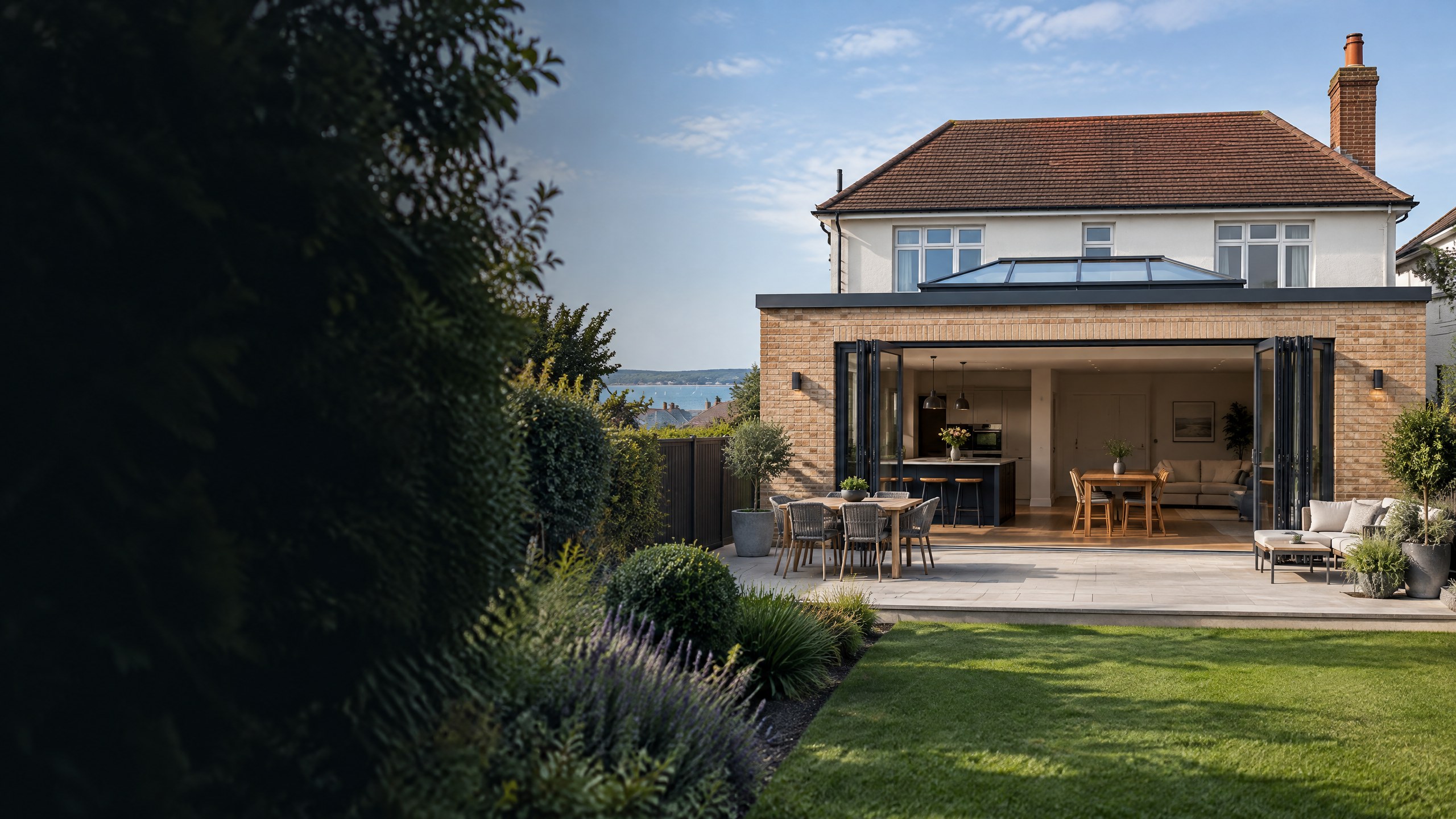 Completed single-storey rear house extension with roof lantern and aluminium bi-fold doors opening onto a landscaped Poole garden