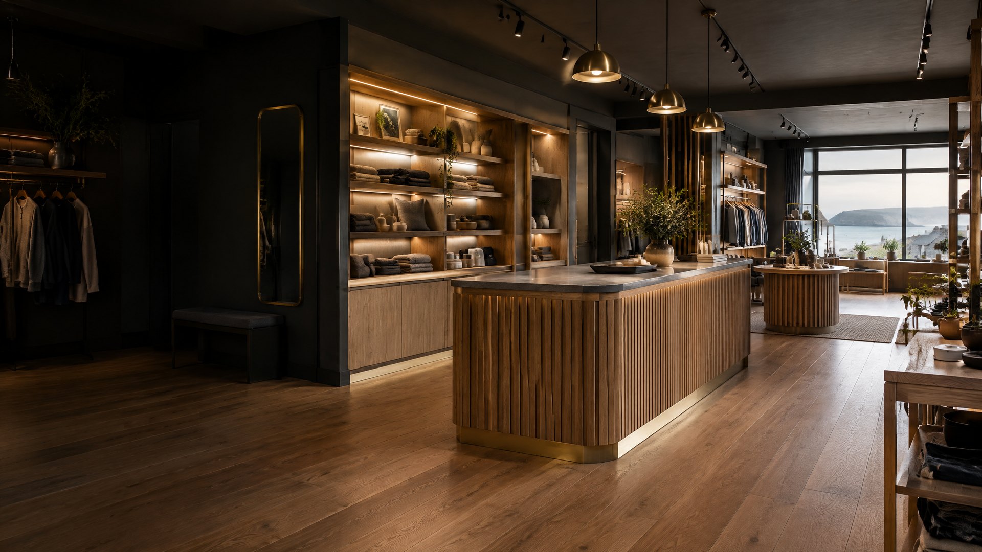 Illustrative contemporary coastal boutique retail interior with bespoke timber counter, warm display shelving and customer circulation space